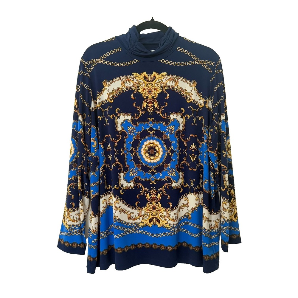 Susan Graver Top Womens 1X Blue Classy Maximalist Stretchy Slinky Casual Career
